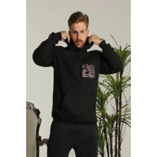 Erkek Oversize Üç Iplik Kapüşonlu Sweatshirt –sırt ve Ön Baskılı, Kanguru Cepli, Rahat Kalıp Maskot Desenli Model - Siyah