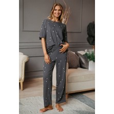 Dofi Kadın 1773 Kısa Kollu Oversize Küçük Yıldız Desenli Pijama Takımı – Antrasit Gri