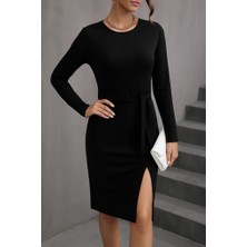 Kadın Uzun Kollu Bisiklet Yaka Kuşaklı Kruvaze Yırtmaç Detay Viskon Elbise