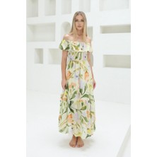 Madonna Yaka Elbise - Yeşil - Ekru