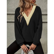 Kadın Uzun Kollu V Dantel Yaka Şardonsuz Üç Iplik Bluz