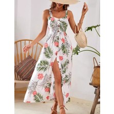 Kadın Askılı Önden Düğmeli Yaprak Desenli Uzun Süprem Elbise