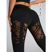 Kadın Yüksek Bel Tül Detaylı Spor Tayt