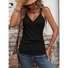 Kadın Kruvaze Yaka Askı Halka Aksesuar Detay Waffle Bluz