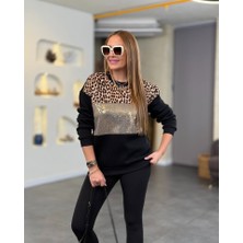 Kadın Üç Iplik Şardonlu Kumaş Leopar Desenli Bluz