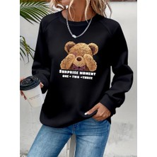 Kadın Uzun Kollu Bisiklet Yaka Ayıcık Desenli Viskon Iki Iplik Bluz