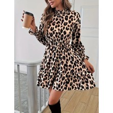 Kadın Uzun Kollu Yarı Balıkçı Yaka Leopar Desenli Modal Mini Elbise