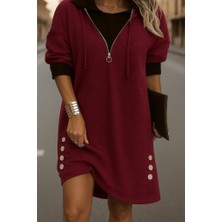 Kadın Uzun Kollu Kapşonlu Önden Fermuarlı Düğmeli Mini Iki Iplik Elbise