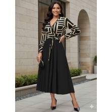 Kadın Uzun Kollu Kruvaze Yaka Dalgıç Krep Midi Boy Elbise