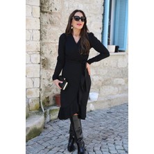 Etiler Collection Krep Kumaş Midi Boy Kuşaklı Uzunkol Elbise 113 cm