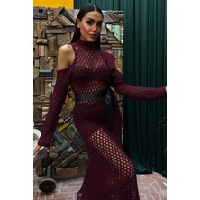 Torq Vitrin Torqvitrin Saten Kuşaklı Ajurlu Triko Elbise 2847