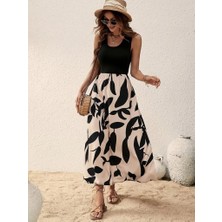 Kadın Askılı Yuvarlak Yaka Üst Viskon Alt Desenli Uzun Süprem Elbise