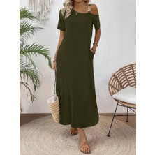 Kadın Tek Omuzdan Açık Toka Detaylı Yandan Yırtmaçlı Maksi Boy Viskon Elbise