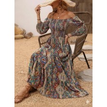 Kadın Düşük Omuzlu Beli Büzgülü Dijital Desenli Kesik Elyaf Süprem Uzun Elbise