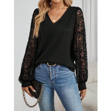 Kadın Uzun Kollu V Yakalı Dantelli Viskon Iki Iplik Bluz