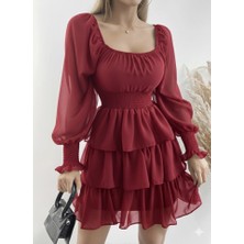 Torqvitrin Kadın Uzun Kollu Kare Yaka Beli Lastikli Volanlı Şifon Elbise