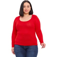 Disentis Modest Büyük Beden U Yaka Uzun Kollu Viskon Kırmızı Body