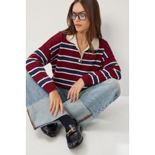 Happiness İstanbul Çizgili Polo Yaka Triko Kazak LXA0023 Bordo Lacivert