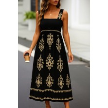 Kadın Askılı Kare Yaka Gipe Detaylı Desenli Suprem Elbise