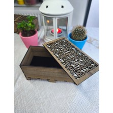 Lazer Kesim Ahşap Takı Kutusu 147X75 mm | 10 mm Flok Sünger Zemin | Dekoratif Kapak