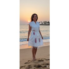 Nevin Acar Red Yaprak Desenli Kimona Peştemal Plaj Bornozu Pareo