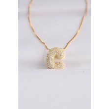 Stainles Steel 316L Çelik Zincirli Zirkon Taşlı G Harfli Gold Renk Bubble Kolye