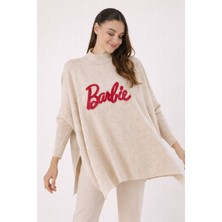 Kadın Krem Yırtmaçlı Barbie Triko Panço - BP0001