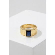 Pukka Accessories Kadın Lacivert Kare Taşlı Çelik Yüzük – Kalın Form Modern Minimal Takı - Kadın Yüzük