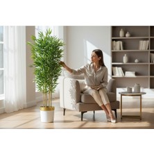 Erhan Flowers Yapay Bambu Ağaç 190 cm 6 Dallı Yogun Yaprak Beyaz Gold Saksı