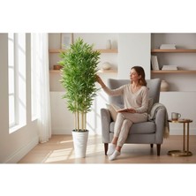 Erhan Flowers Yapay Bambu Ağaç 150 cm 6 Dallı Yogun Yaprak Kumsal Beyaz Saksı