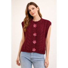 Nihanello Butik Çiçek Düğmeli Bordo Yelek