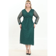 Modayız Yeşil Dantel Detaylı Kruvaze Yaka Uzun Kollu Abiye Elbise 1E-2763