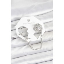 Clariss Pirinç Gümüş Renk Yıldız Model Zincir Bağlantılı Ear Cuff Küpe Seti
