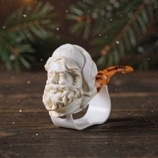 Goldenlight Meerschaum El Oyma Lületaşı Pipo Noel Baba Figürlü3d | Akrilik Ağızlık | Koleksiyonluk Yılbaşı Hediyesi 16,5 cm