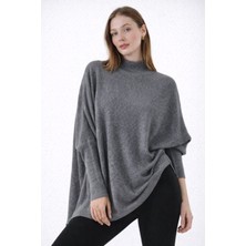 Missruba Kadın Yırtmaçlı Füme Panço Kazak DP0001