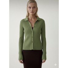 Nihanello Butik Zeytinyağı Yeşilli Düğmeli Triko