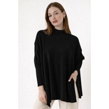 Missruba Kadın Yırtmaçlı Siyah Panço Kazak DP0001