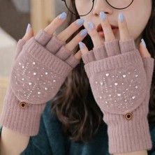 Gigi Giyim Taş Detaylı Kapaklı Yarım Parmak Örgü Kadın  Eldiven