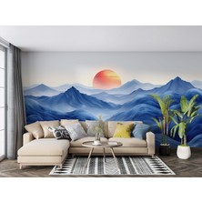 Grown Turuncu Gün Batımı Katmanlı Mavi Dağlar Duvar Kağıdı