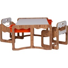 Industrial Living Montessori 2 Kişilik Masa Sandalye Takımı, 18MM Ceviz-Beyaz Mdf, Turuncu Çekmeceli, Çift Kişilik Aktivite
