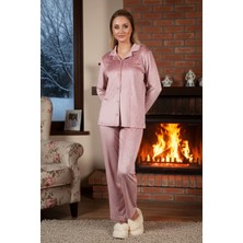 Remsa Kadın Önü Düğmeli Kadife Pijama Takımı 25361 Pudra