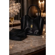 Huma Butik Takı Aksesuar Siyah Klasik El & Omuz Çantası (Makyaj Çantalı Set)