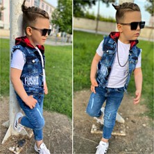 Burçak Butik Erkek Çocuk Kapüşonlu Kot Yelek / Kot Pantolon / Suprem Tişört 3'lü Takım - Bayramlık