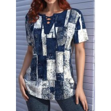 Dua Giyim Kadın Kısa Kollu Yakası Bağcıklı Kuş Gözü Detay Süprem Bluz