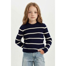 DeFacto Lacivert Çizgili Fitted Bisiklet Yaka Triko Kazak Kız Çocuk D1392A824WN