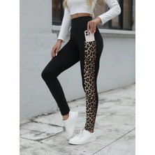 Dua Giyim Kadın Yüksek Bel Cep Detaylı Leopar Desenli Dalgıç Tayt