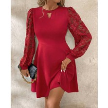 Dua Giyim Kadın Uzun Kollu Yuvarlak Damla Detaylı Kolları Tül Detaylı Kısa Ithal Krep Elbise