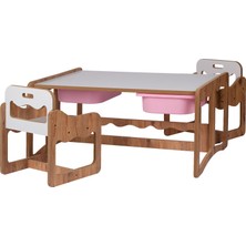 Industrial Living Montessori 2 Kişilik Masa Sandalye Takımı, 18MM Ceviz-Beyaz Mdf, Pembe Çekmeceli, Çift Kişilik Aktivite