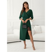 Dua Giyim Kadın Uzun Kollu Kruvaze Yakalı Yandan Dantelli Midi Ithal Krep Elbise