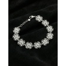 Roza Silver 925 Ayar Geleneksel Telkari Elişi Yonca Motifli Sıralı Gümüş Bileklik (Ayarlanabilir)
